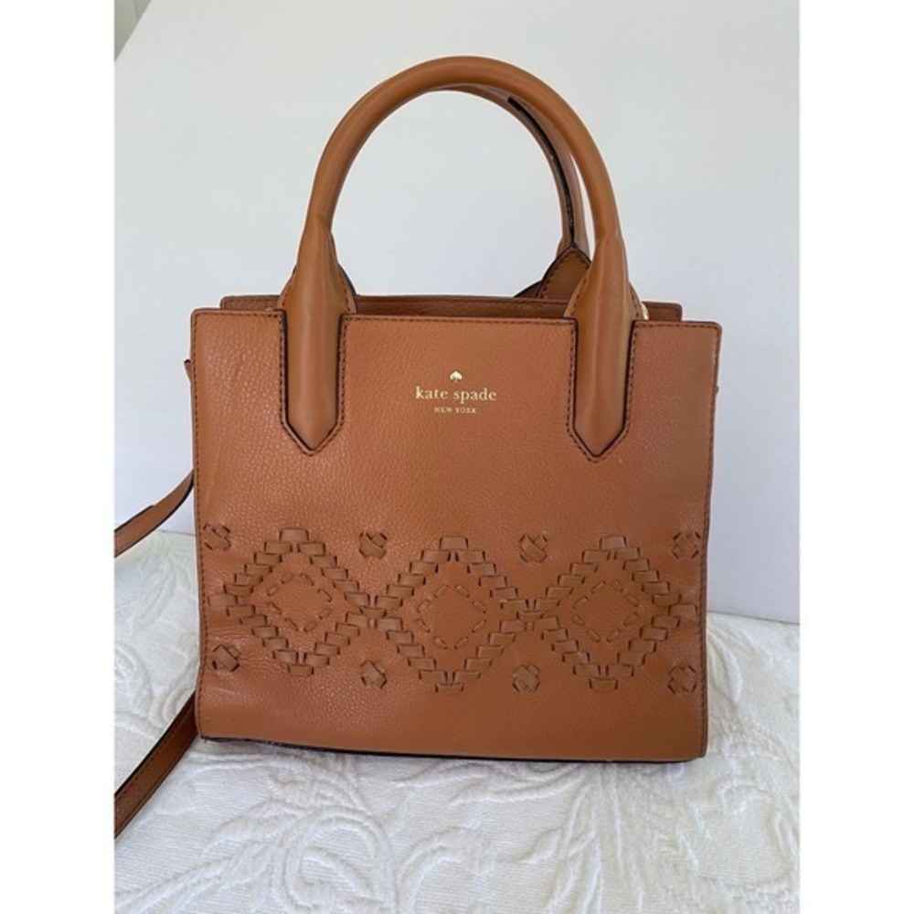 Kate Spade Bag Meriwether Flynn Crossbody Satchel Cognac Brown Woven Leather - Picture 3 of 12